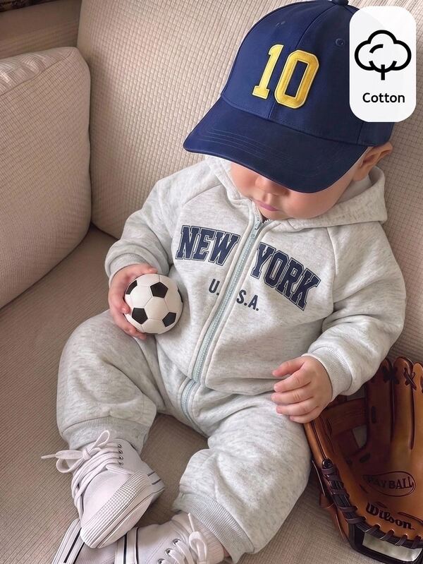 SHEIN Baby Boy Cute Casual Letter Print Hooded Sweatshirt Cotton Romper Fall And Winter Back To School Clothes Holiday Birthday