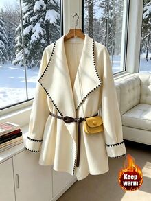 GlowEve Women's Colorblock Waist Tie Casual Daily Overcoat - Apricot - View 1