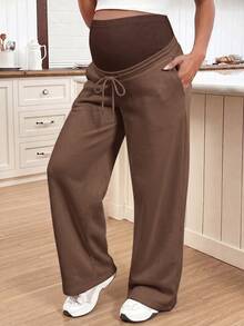 SHEIN Maternity Solid Color Adjustable Waist Loose Pants With Pockets - Brown - View 4