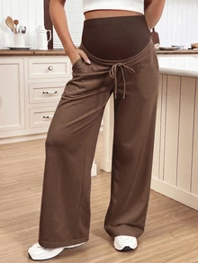 SHEIN Maternity Solid Color Adjustable Waist Loose Pants With Pockets - Brown - View 5