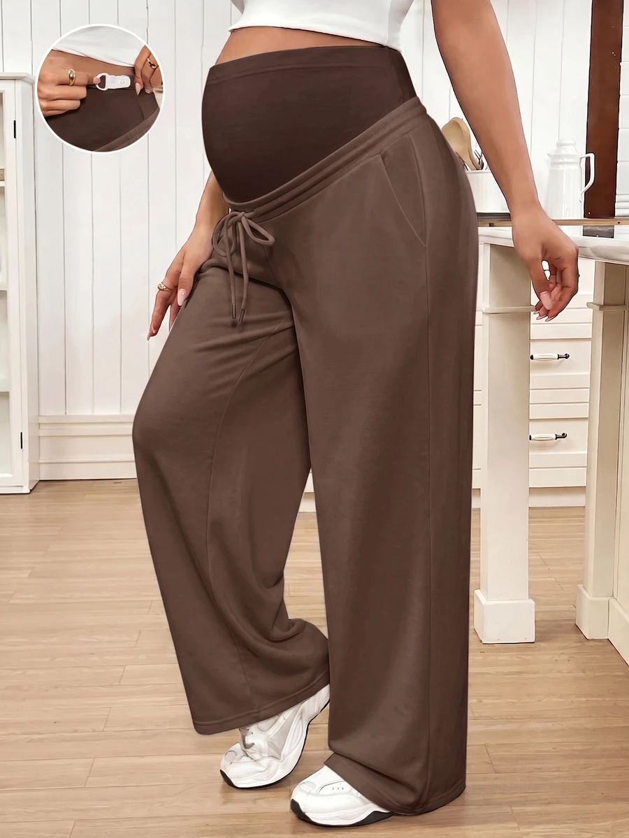 SHEIN Maternity Solid Color Adjustable Waist Loose Pants With Pockets - Brown - View 1
