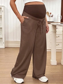 SHEIN Maternity Solid Color Adjustable Waist Loose Pants With Pockets - Brown - View 3