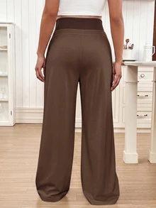 SHEIN Maternity Solid Color Adjustable Waist Loose Pants With Pockets - Brown - View 2