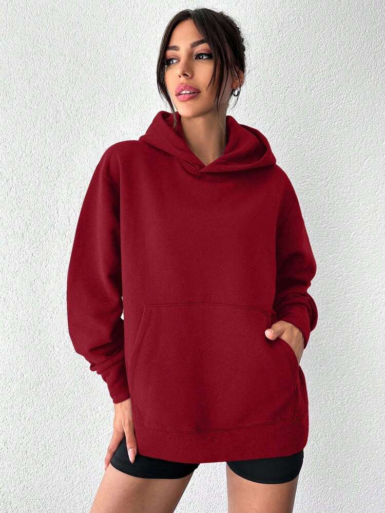 EURMUSE Women's Solid Color Drop Shoulder Long Sleeve Pocket Casual Streetwear Loose Hoodie Sweatshirt, Autumn/Winter Going Out Holiday Burgundy Red - Burgundy - View 8