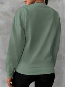SHEIN Cottnline Women's Solid Color Round Neck Long Sleeve Sweatshirt - Mint Green - View 6