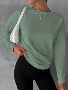 SHEIN Cottnline Women's Solid Color Round Neck Long Sleeve Sweatshirt - Mint Green - View 7