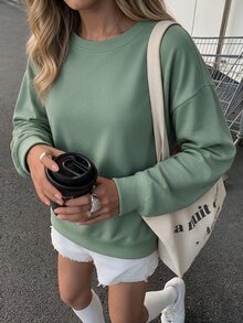 SHEIN Cottnline Women's Solid Color Round Neck Long Sleeve Sweatshirt - Mint Green - View 2