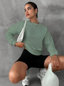 SHEIN Cottnline Women's Solid Color Round Neck Long Sleeve Sweatshirt - Mint Green - View 5