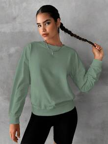 SHEIN Cottnline Women's Solid Color Round Neck Long Sleeve Sweatshirt - Mint Green - View 3