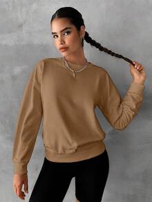 EURMUSE Cotton Solid Drop Shoulder Sweatshirt Everyday School Camel Black Autumn Preppy Basic - Camel - View 6