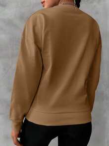 EURMUSE Cotton Solid Drop Shoulder Sweatshirt Everyday School Camel Black Autumn Preppy Basic - Camel - View 5