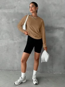 EURMUSE Cotton Solid Drop Shoulder Sweatshirt Everyday School Camel Black Autumn Preppy Basic - Camel - View 4