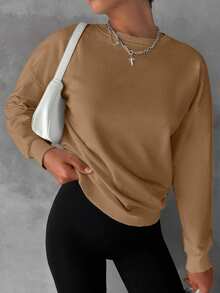 EURMUSE Cotton Solid Drop Shoulder Sweatshirt Everyday School Camel Black Autumn Preppy Basic - Camel - View 7