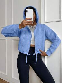 SHEIN Cottnline Women's Solid Color Drawstring Hoodie - Grey - View 6