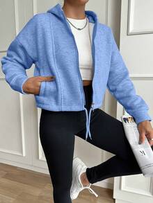 SHEIN Cottnline Women's Solid Color Drawstring Hoodie - Grey - View 4