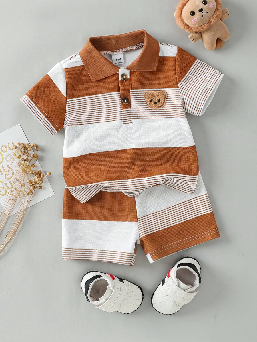 Souflis Souflis Baby Boy Infant Casual Adorable Bear Embroidered Badge Asymmetric Striped Short Sleeve Polo Shirt And Shorts Set, Suitable For Summer