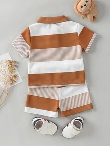 Souflis Souflis Baby Boy Infant Casual Adorable Bear Embroidered Badge Asymmetric Striped Short Sleeve Polo Shirt And Shorts Set, Suitable For Summer - Brown - View 3