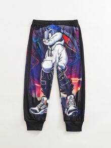 SHEIN 小男孩卡通兔子圖案休閒簡約修身舒適加厚長袖圓領居家褲，適合秋冬 - 彩色 - 查看 5