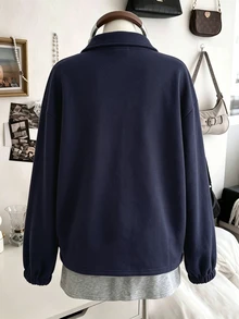 Collagica Collagica Women's Spring/Autumn Solid Color Casual Streetwear Versatile Loose Sporty Letter Print Half-Zip Stand Collar Long Sleeve Sweatshirt Top - Navy Blue - View 2