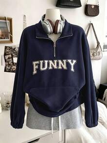 Collagica Collagica Women's Spring/Autumn Solid Color Casual Streetwear Versatile Loose Sporty Letter Print Half-Zip Stand Collar Long Sleeve Sweatshirt Top - Navy Blue - View 3
