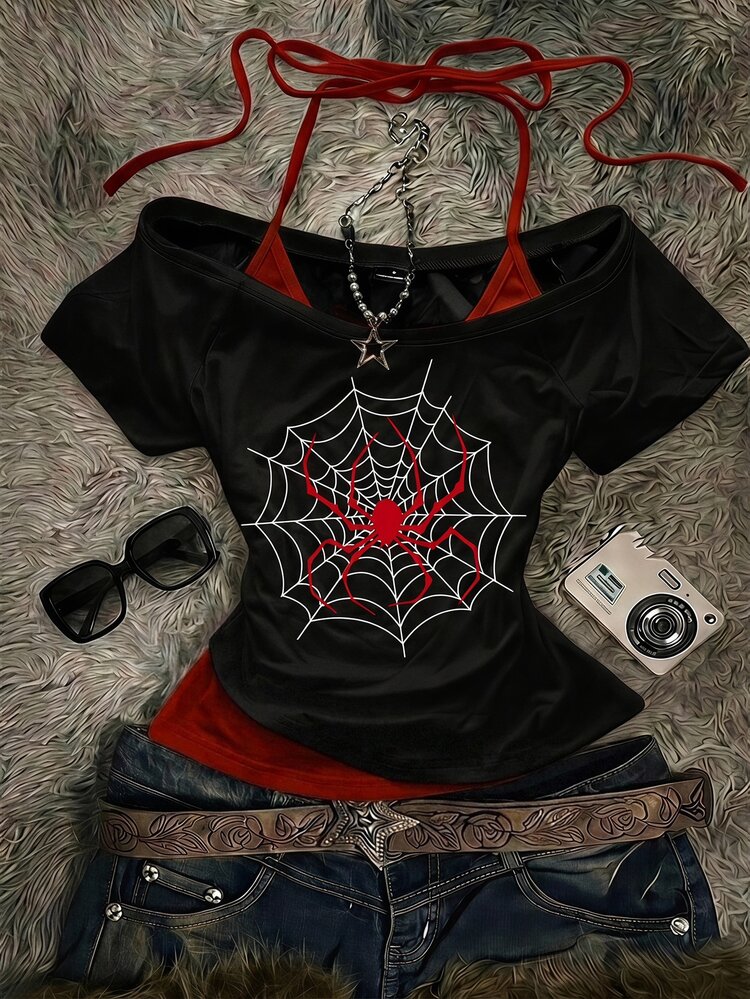 Attitoon Women's Casual Sexy Vintage Colorblock Short Sleeve T-Shirt, Spider Print, Streetwear, Club Night Out, Summer, Halloween Black And Red Red - Black - View 3