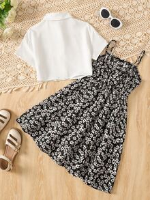 SHEIN Tween Girls White Short Sleeve Button-Up Shirt And Daisy Print Camisole Dress Set - Black - View 2