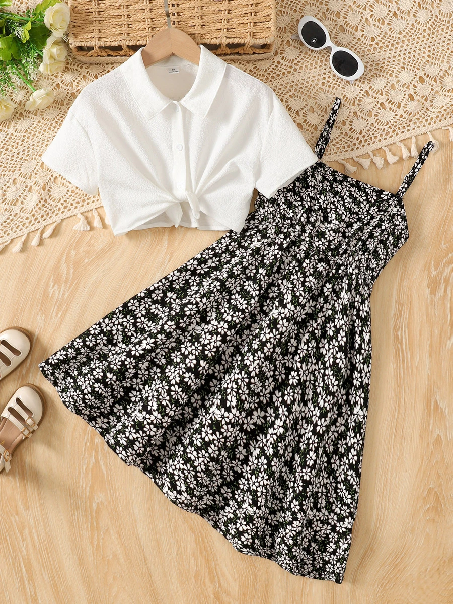 SHEIN Tween Girls White Short Sleeve Button-Up Shirt And Daisy Print Camisole Dress Set - Black - View 1