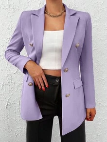 SHEIN Cottnline سترة عمل نسائية بياقة طية مزدوجة الصدر وأكمام طويلة - ارجواني - مشاهدة 7