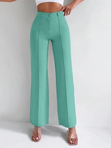 EURMUSE Solid Color Trousers With Pleats And Straight Hem Design - Olive Green - View 8