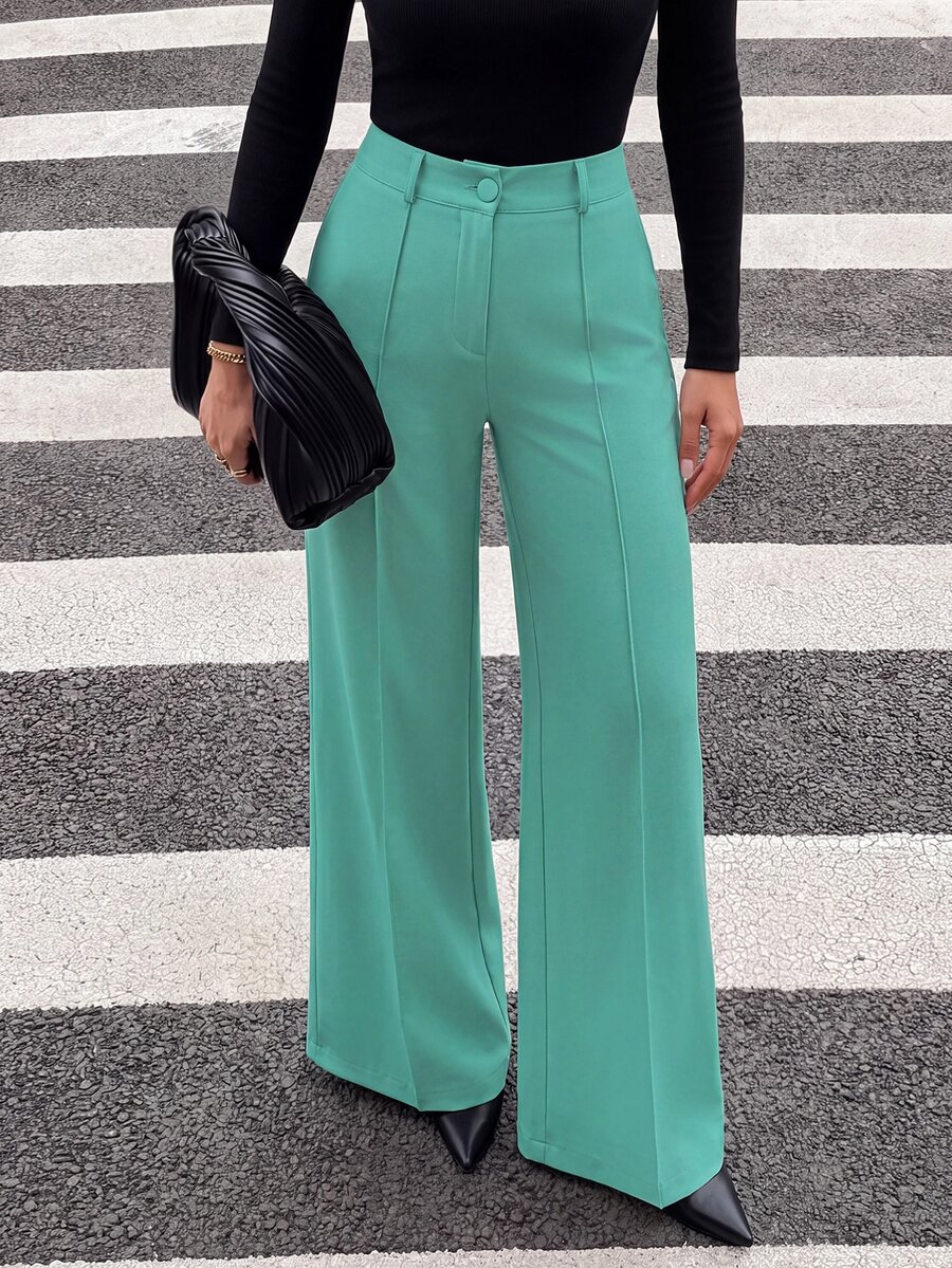 EURMUSE Solid Color Trousers With Pleats And Straight Hem Design - Olive Green - View 1