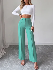 EURMUSE Solid Color Trousers With Pleats And Straight Hem Design - Olive Green - View 3