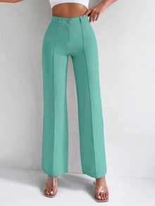 EURMUSE Solid Color Trousers With Pleats And Straight Hem Design - Olive Green - View 5