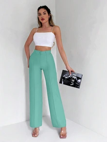 EURMUSE Solid Color Trousers With Pleats And Straight Hem Design - Olive Green - View 4