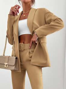 EURMUSE Solid Blazer & Belted Pants - Khaki - View 5