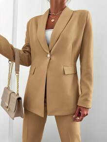EURMUSE Solid Blazer & Belted Pants - Khaki - View 4