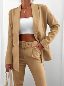 EURMUSE Solid Blazer & Belted Pants - Khaki - View 6