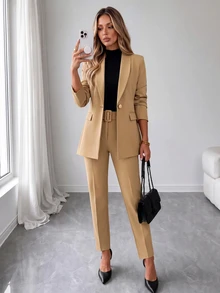 EURMUSE Solid Blazer & Belted Pants - Khaki - View 1