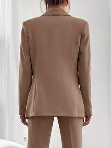 EURMUSE Women's Casual Solid Color Shawl Collar Jacket And Pant Suit - Mocha Brown - View 2