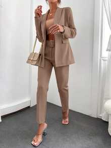 EURMUSE Women's Casual Solid Color Shawl Collar Jacket And Pant Suit - Mocha Brown - View 3