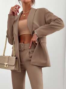 EURMUSE Women's Casual Solid Color Shawl Collar Jacket And Pant Suit - Mocha Brown - View 4