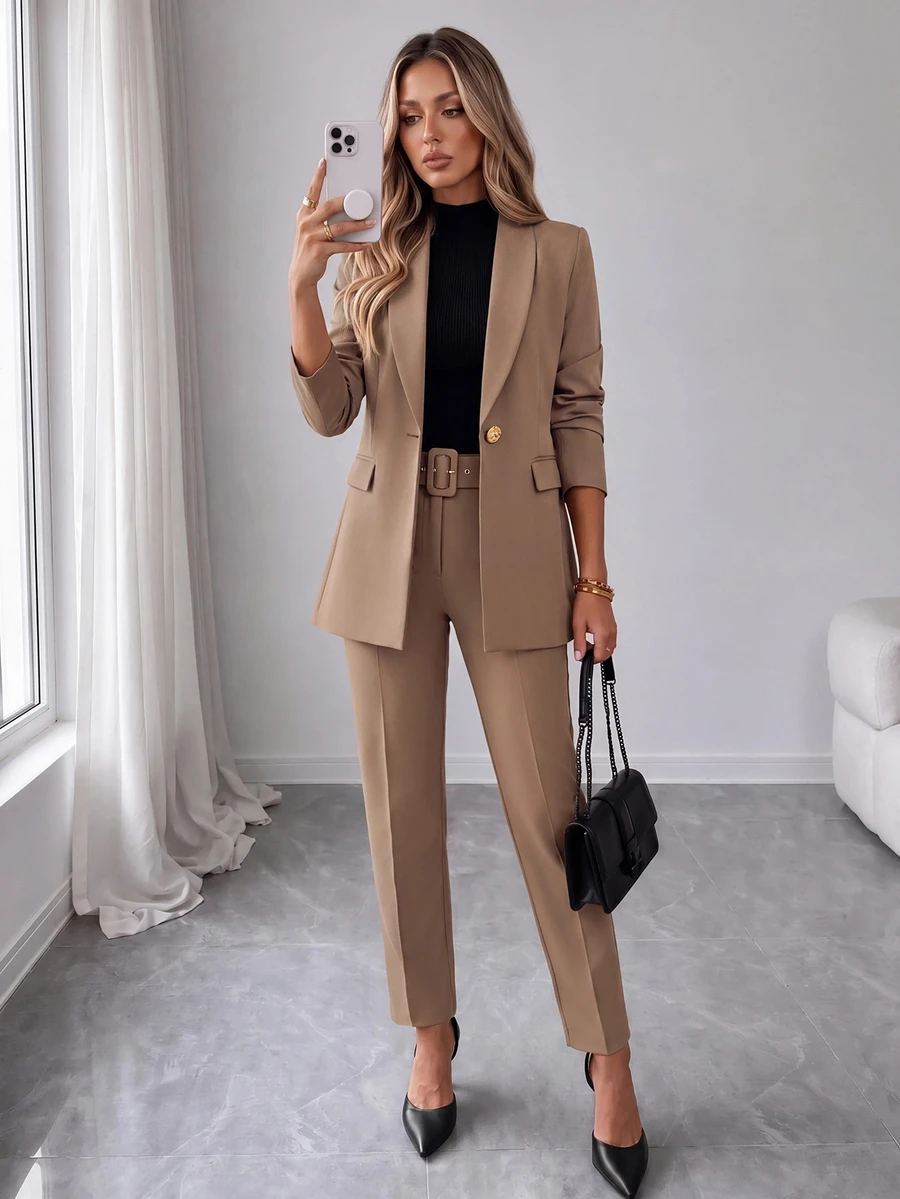 EURMUSE Women's Casual Solid Color Shawl Collar Jacket And Pant Suit - Mocha Brown - View 1