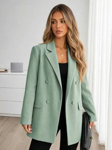 SHEIN Cottnline Double-Breasted Lapel Collar Blazer - Green - View 4
