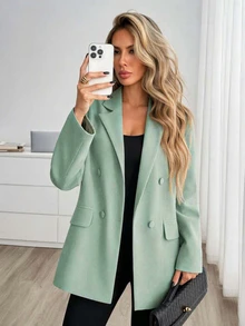 SHEIN Cottnline Double-Breasted Lapel Collar Blazer - Green - View 3