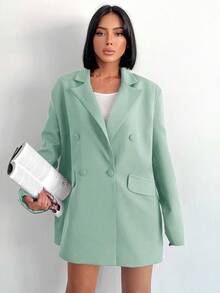 SHEIN Cottnline Double-Breasted Lapel Collar Blazer - Green - View 7