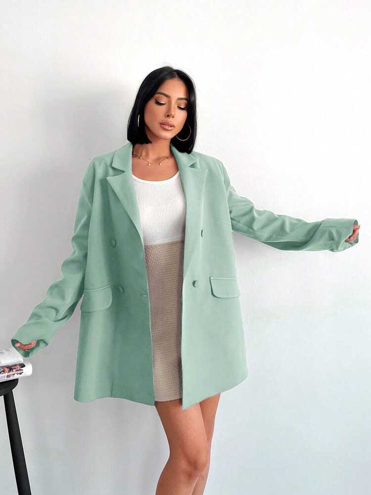 SHEIN Cottnline Double-Breasted Lapel Collar Blazer - Green - View 5