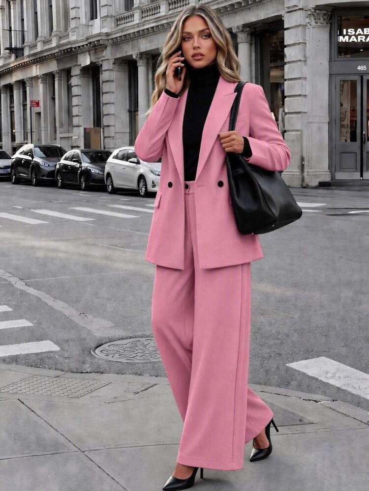 EURMUSE Women's Solid Color Notched Collar Single-Breasted Long Sleeve Jacket And Wide-Leg Pants Casual Business Suit Set - Dusty Pink - View 1