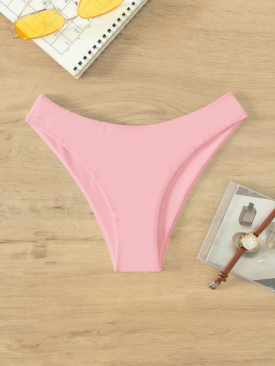 SHEIN Swim 夏日海滩纯色比基尼泳裤 - 粉色 - 查看 1