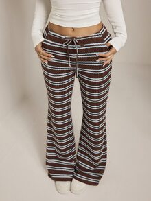 SHEIN PETITE 女款抽繩腰條紋休閒 70 年代風格日常長褲居家褲 棕色與藍色 秋季 - 彩色 - 查看 1