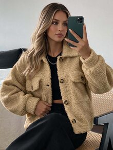 EURMUSE Women's Casual Vintage Solid Color Button Front Drop Shoulder Jacket, Fall/ Everyday Travel Tan - Brown - View 2