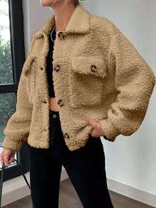 EURMUSE Women's Casual Vintage Solid Color Button Front Drop Shoulder Jacket, Fall/ Everyday Travel Tan - Brown - View 3